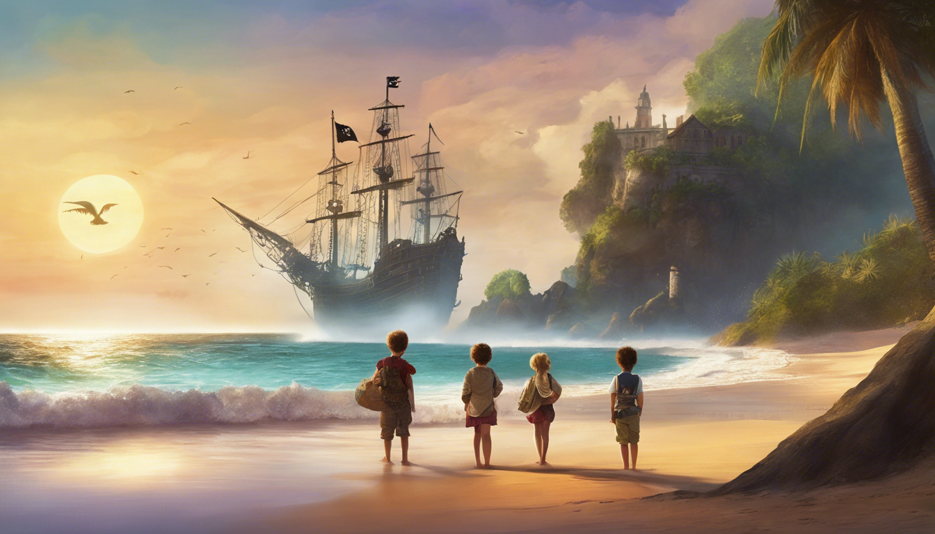 Children on a beach with a pirate ship and a portal.