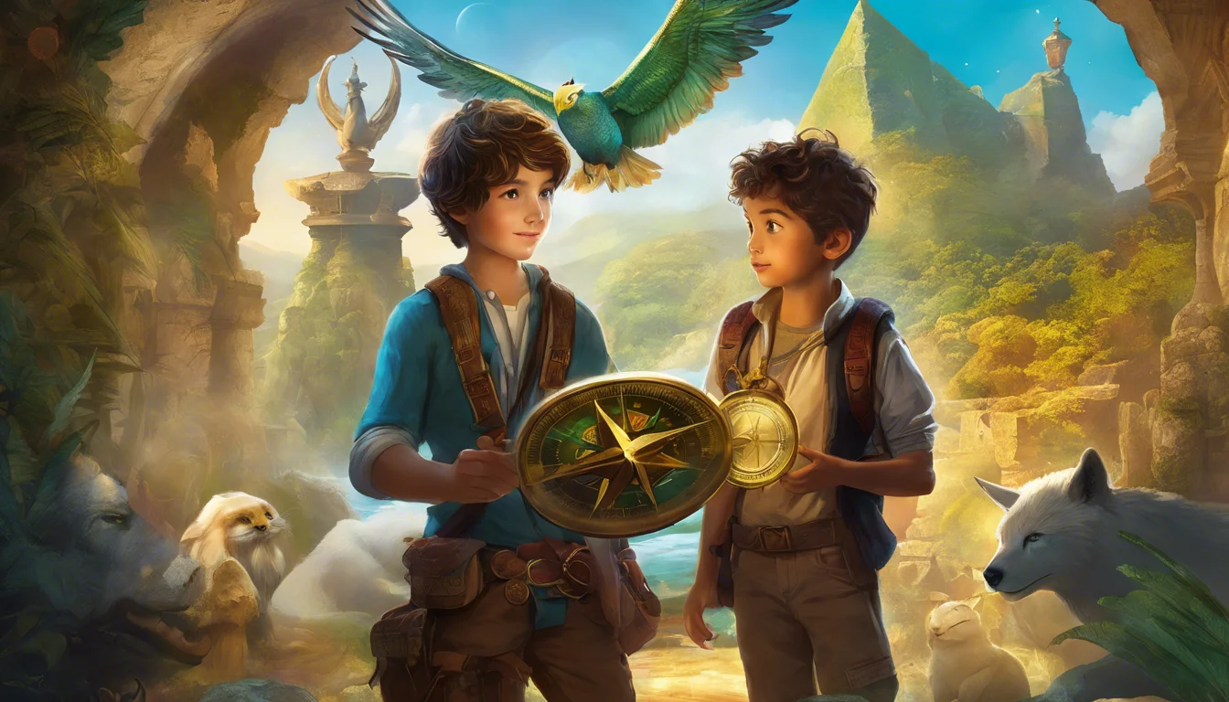 Two young boys hold a compass together in a lush, vibrant jungle setting, surrounded by exotic animals and ancient ruins, with a colorful parrot flying above them.