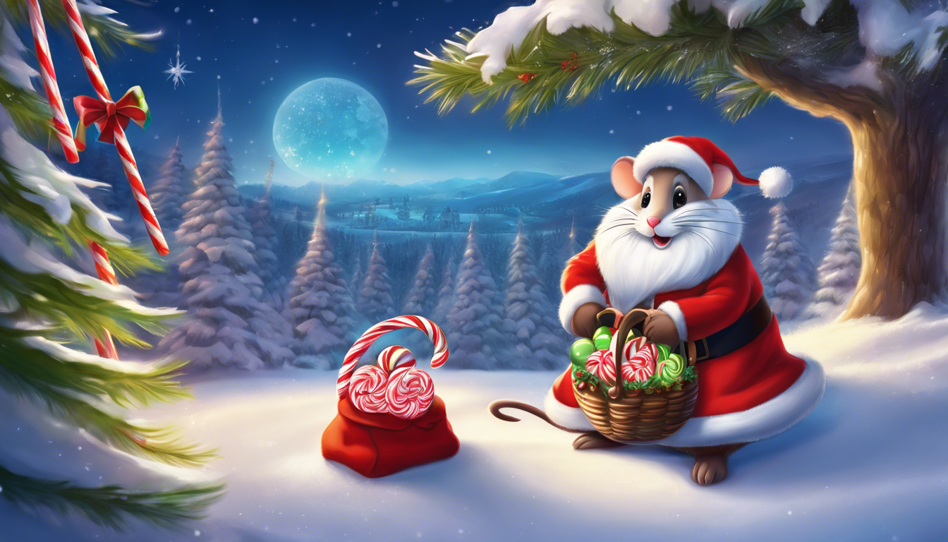 Holiday mice peeking out of Santa's bag of candy canes in a Christmas landscape.