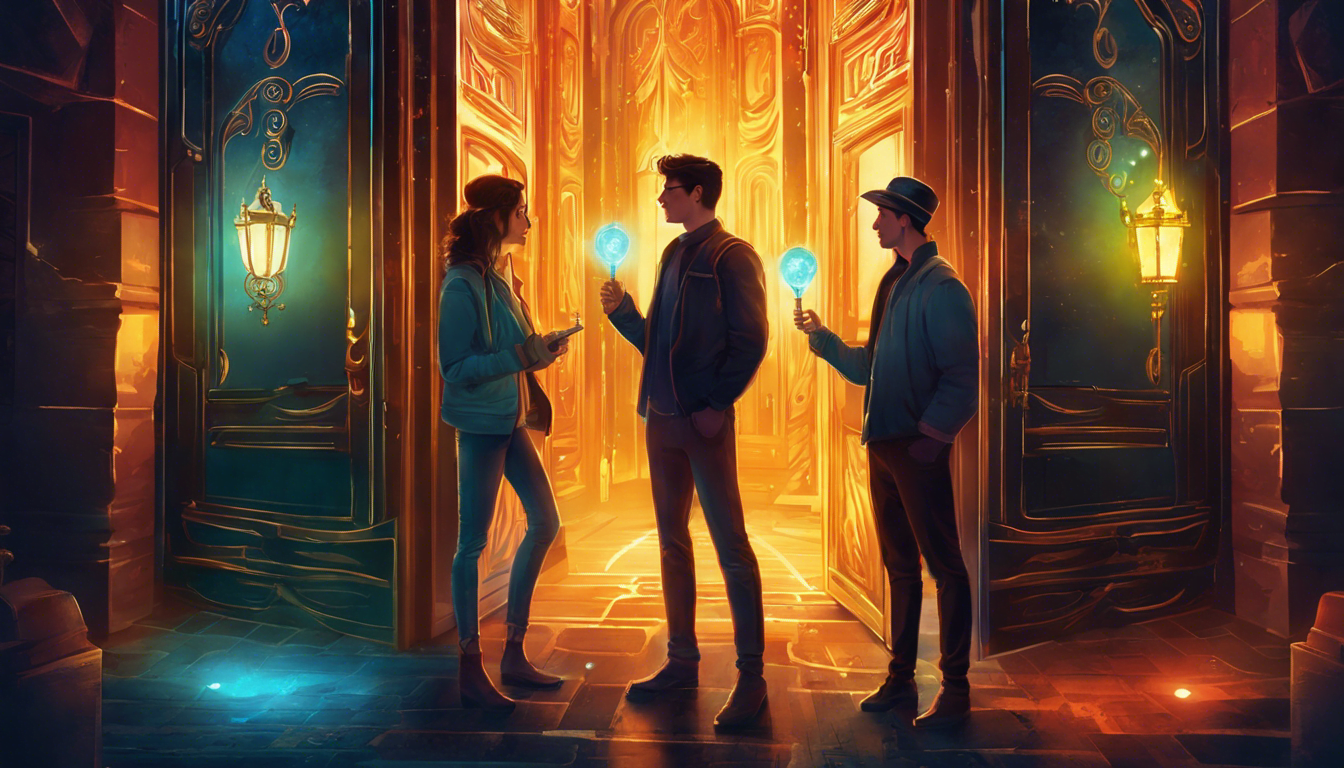 Three friends holding a glowing key surrounded by doors to different dimensions.