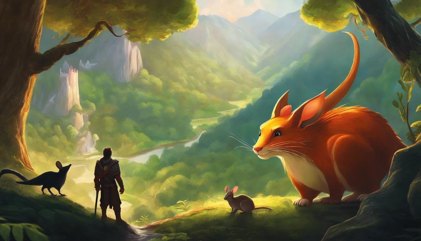 A lone figure stands in a vibrant forest, gazing at a giant, whimsical orange creature alongside smaller animals, bathed in a soft, golden light.