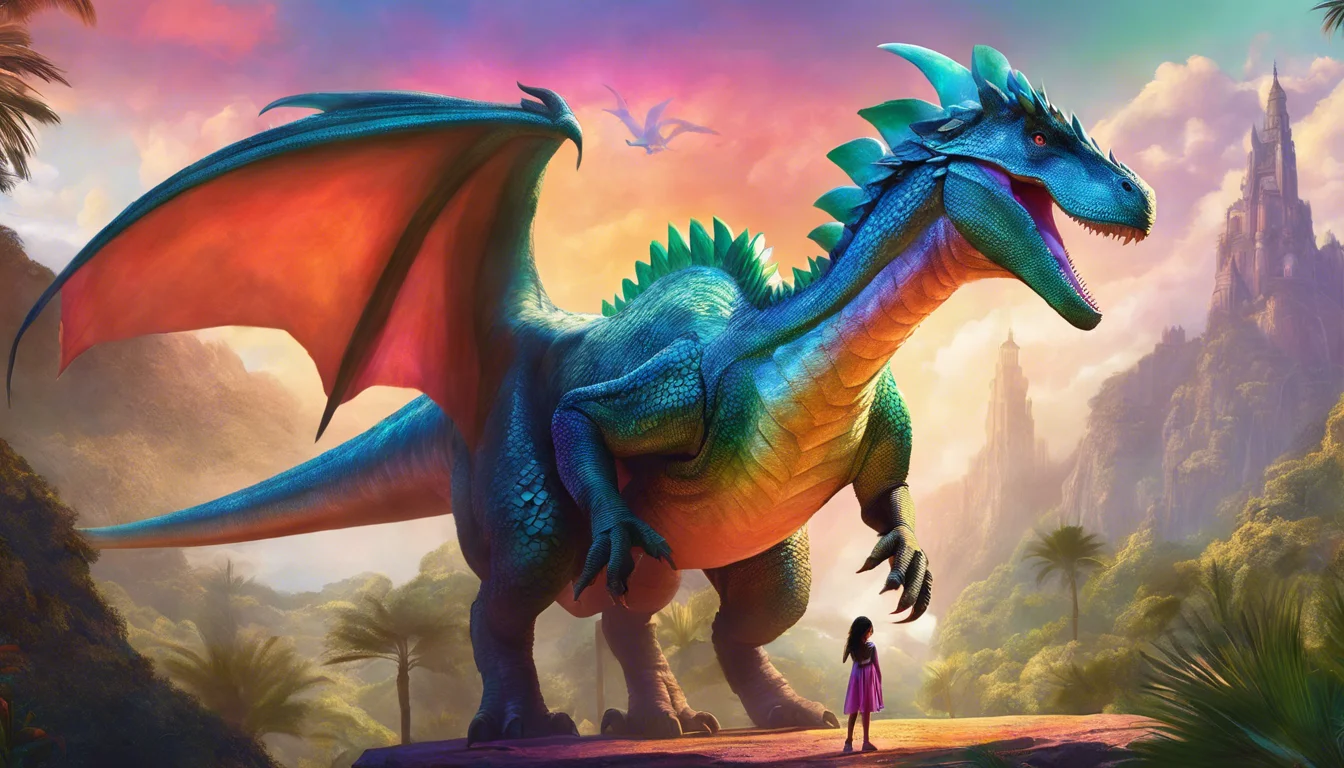 A colorful, majestic dragon towers over a small girl in a lush, fantastical landscape at sunset.