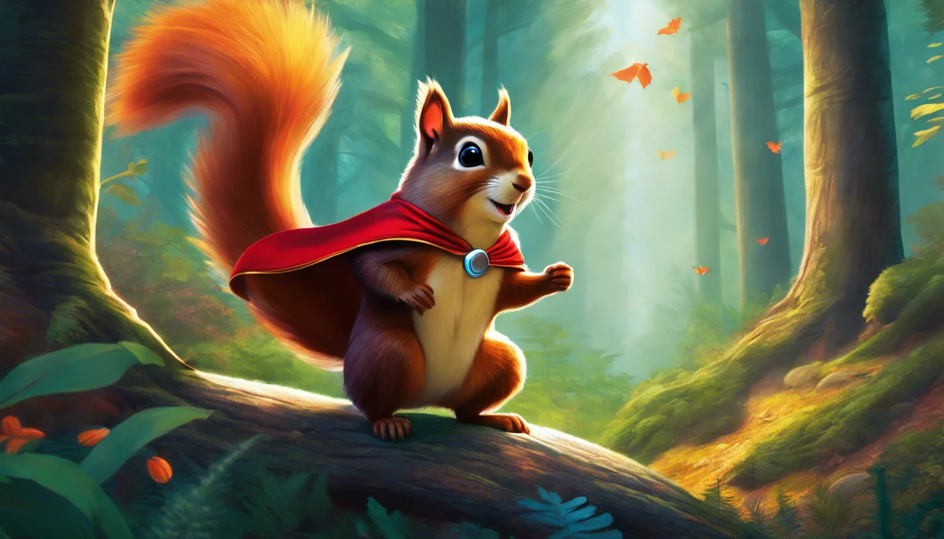 A charming cartoon squirrel in a red cape, standing on a log in a vibrant, sunlit forest surrounded by green foliage and fluttering butterflies.