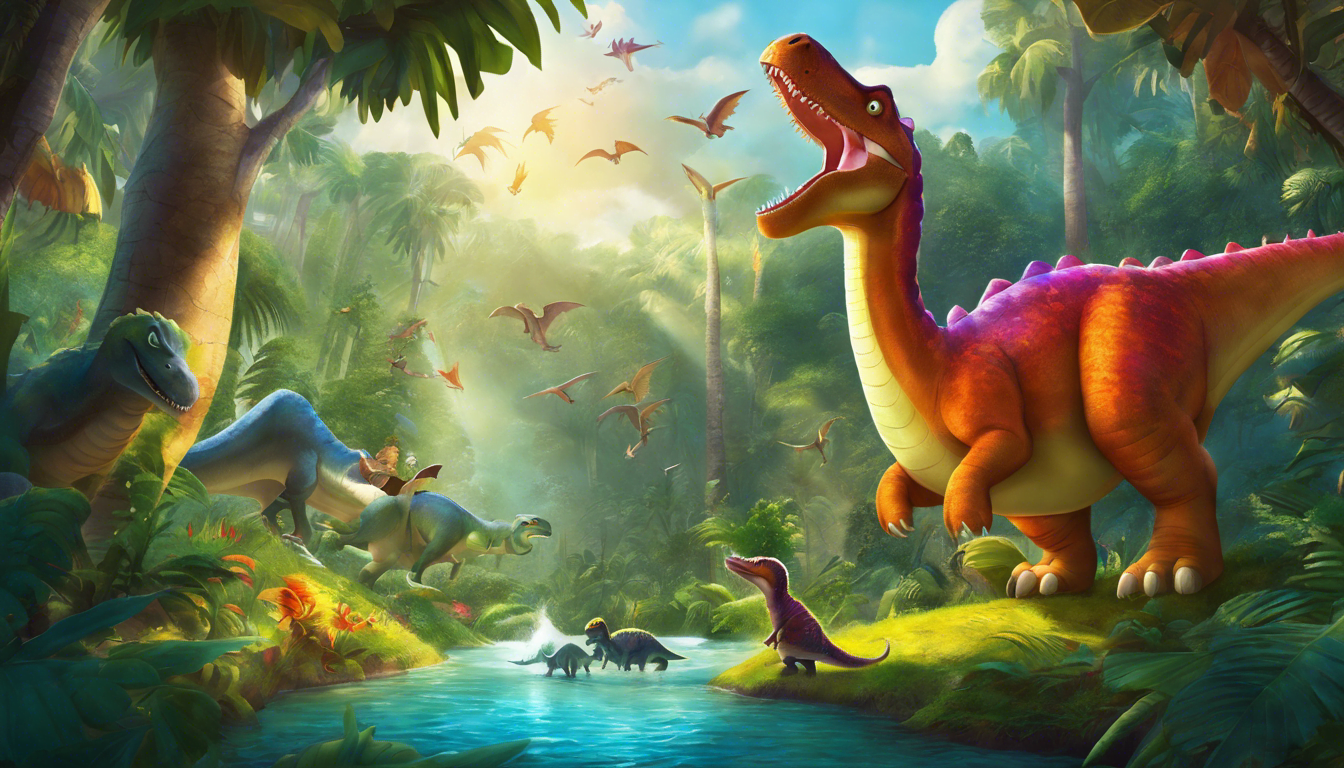A joyful dinosaur opens a magical book in a vibrant forest.
