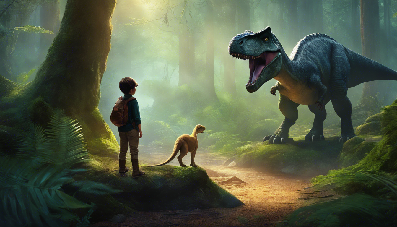 A young boy and a dinosaur in a magical forest.
