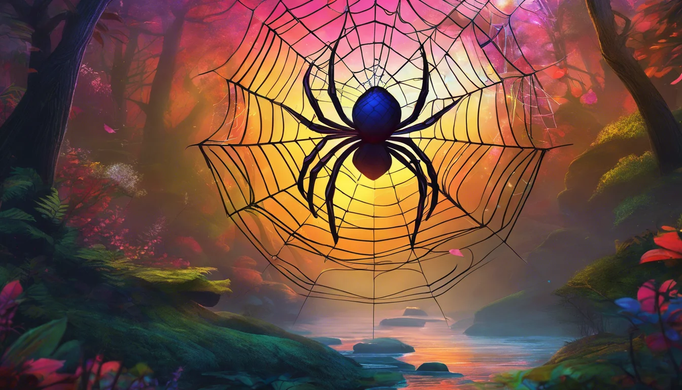 A large black spider in a shimmering web against a vibrant, mystical forest background at sunset.