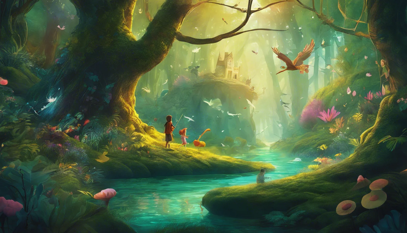 A whimsical forest filled with vibrant greenery, a sparkling blue stream, and colorful flowers, where a young child stands with two animal companions, surrounded by magical creatures and soft, ethereal lighting.