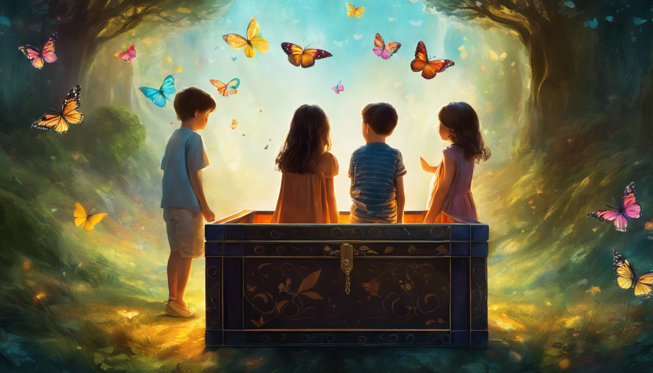 Children amazed by a magical box surrounded by butterflies.