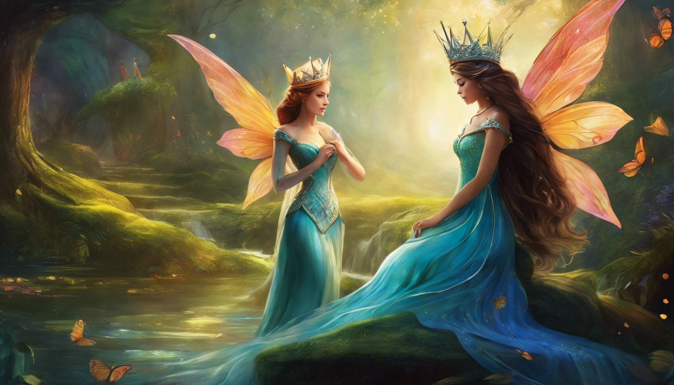 A fairy and a princess in a whimsical exchange.