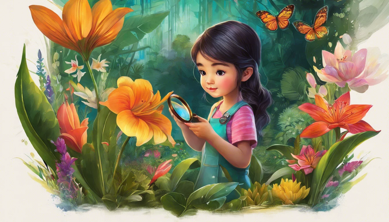A young girl with dark hair examines a flower through a magnifying glass, surrounded by vibrant flowers and butterflies in a lush, green garden.