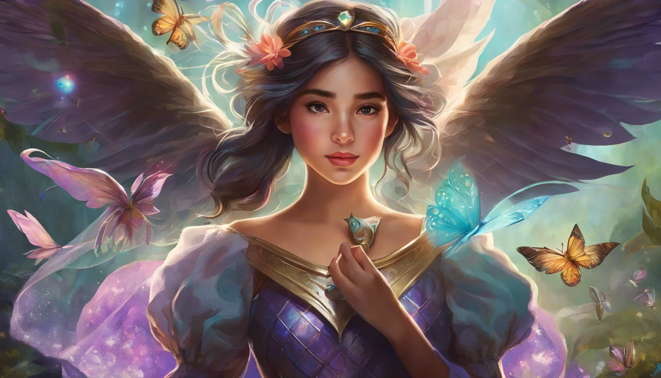 A serene fairy with delicate wings and a floral crown, surrounded by butterflies and sparkling light.