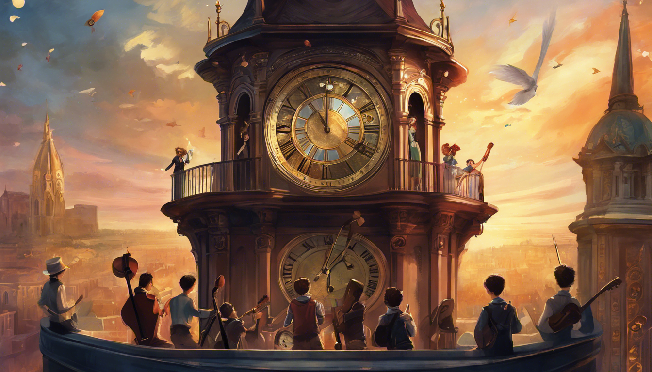 A child surrounded by musicians on top of a clock tower.