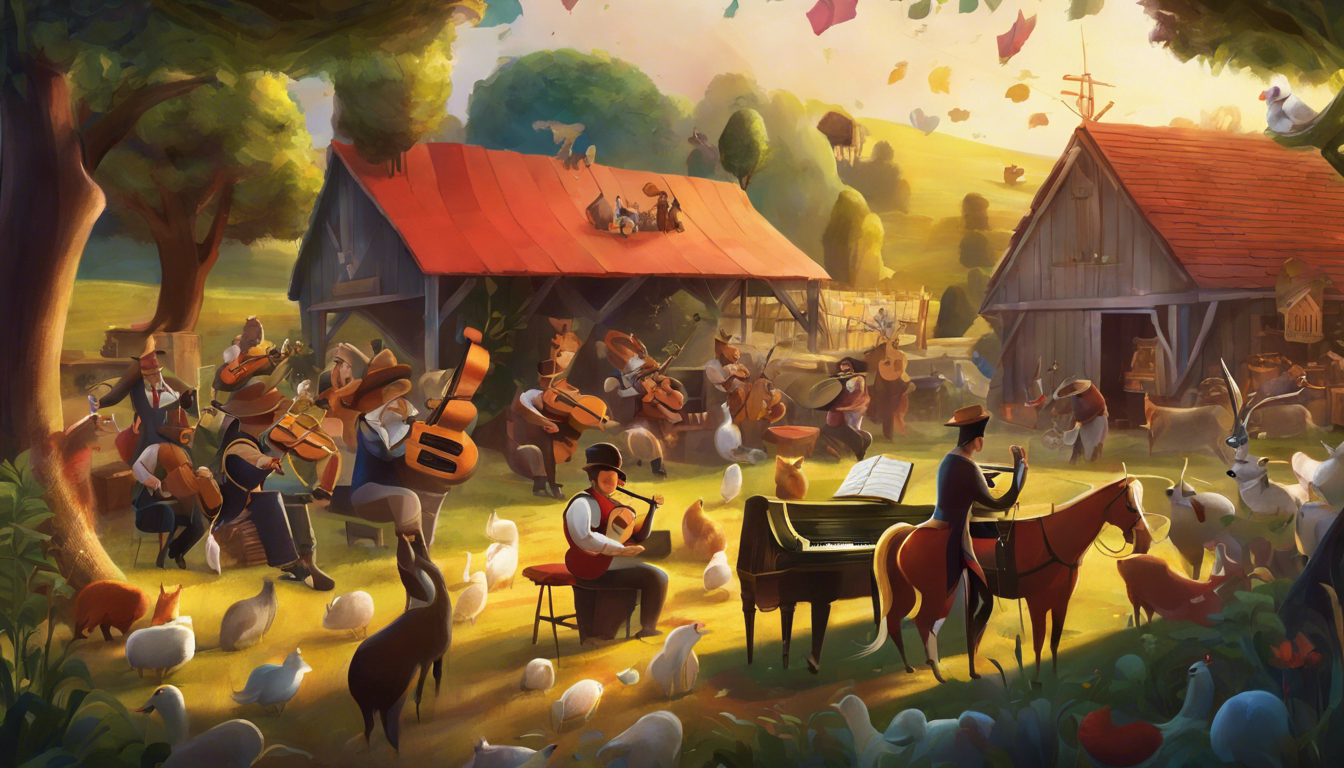 Musical animals playing instruments on a farm.