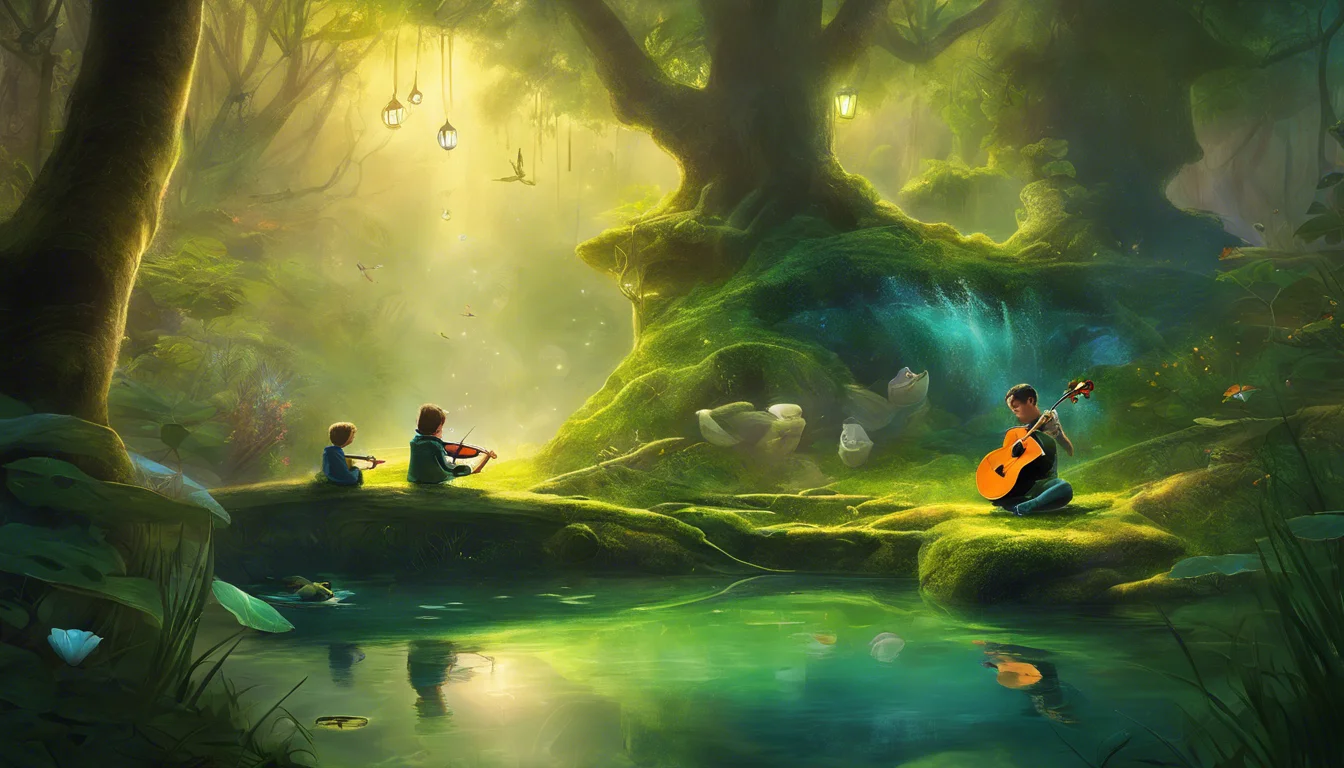 A serene forest scene with a large tree, where two children sit on a mossy log playing instruments while a man strums a guitar nearby, surrounded by soft glowing lights and a tranquil pond.