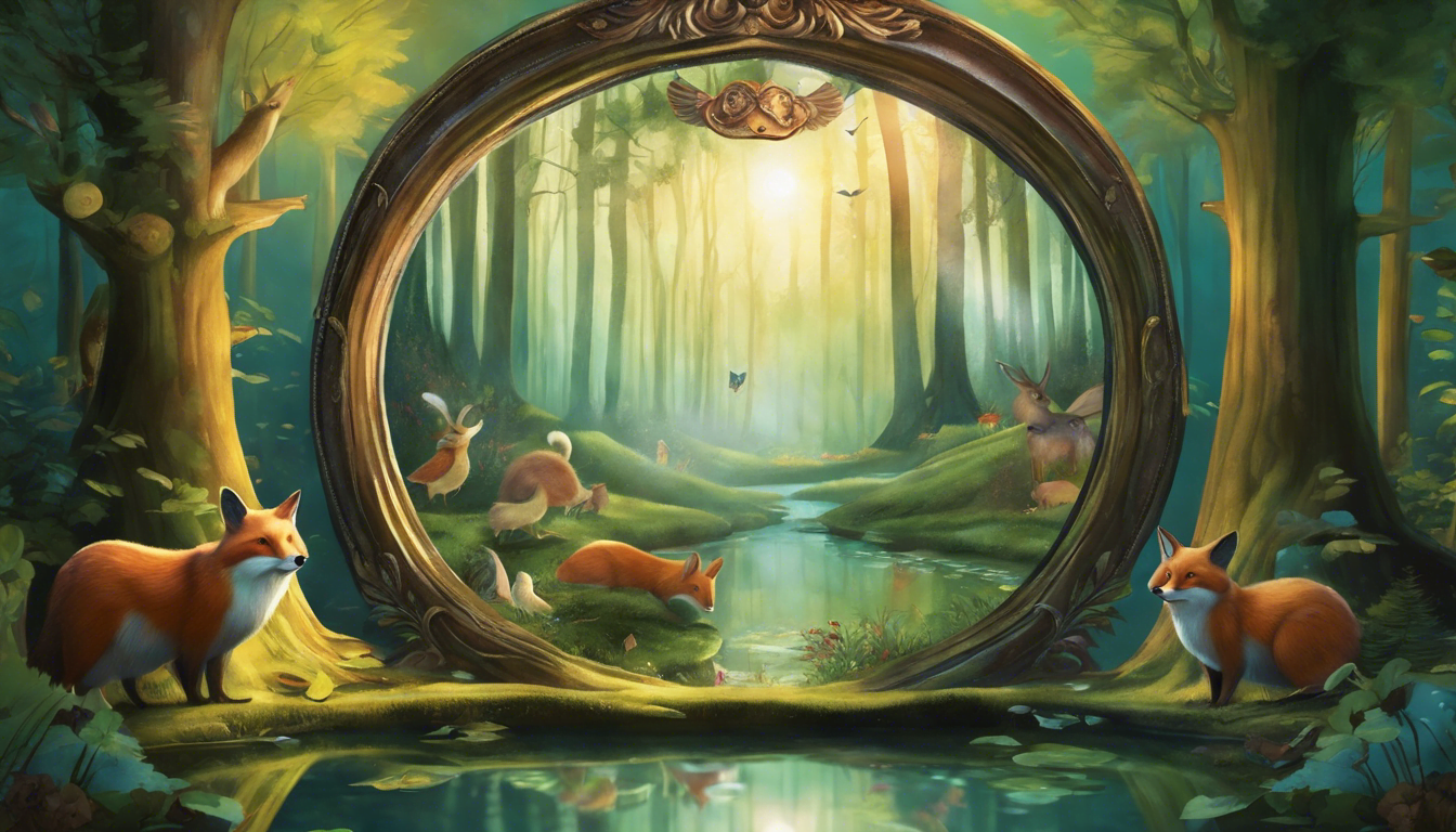 Woodland creatures gathered around a mirror in awe.