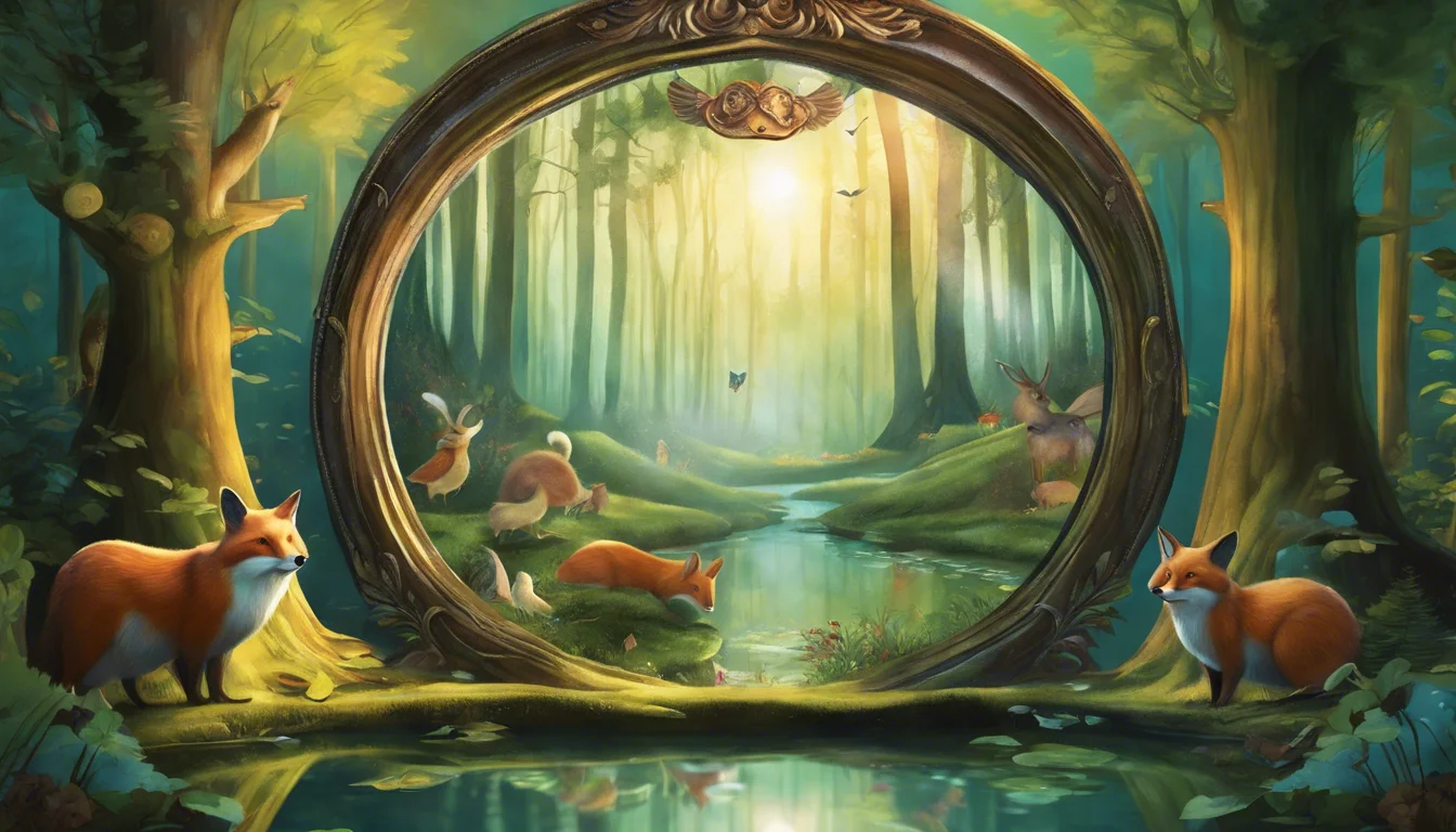 A magical forest scene framed by an ornate mirror, featuring foxes, rabbits, and lush greenery, with sunlight filtering through the trees.
