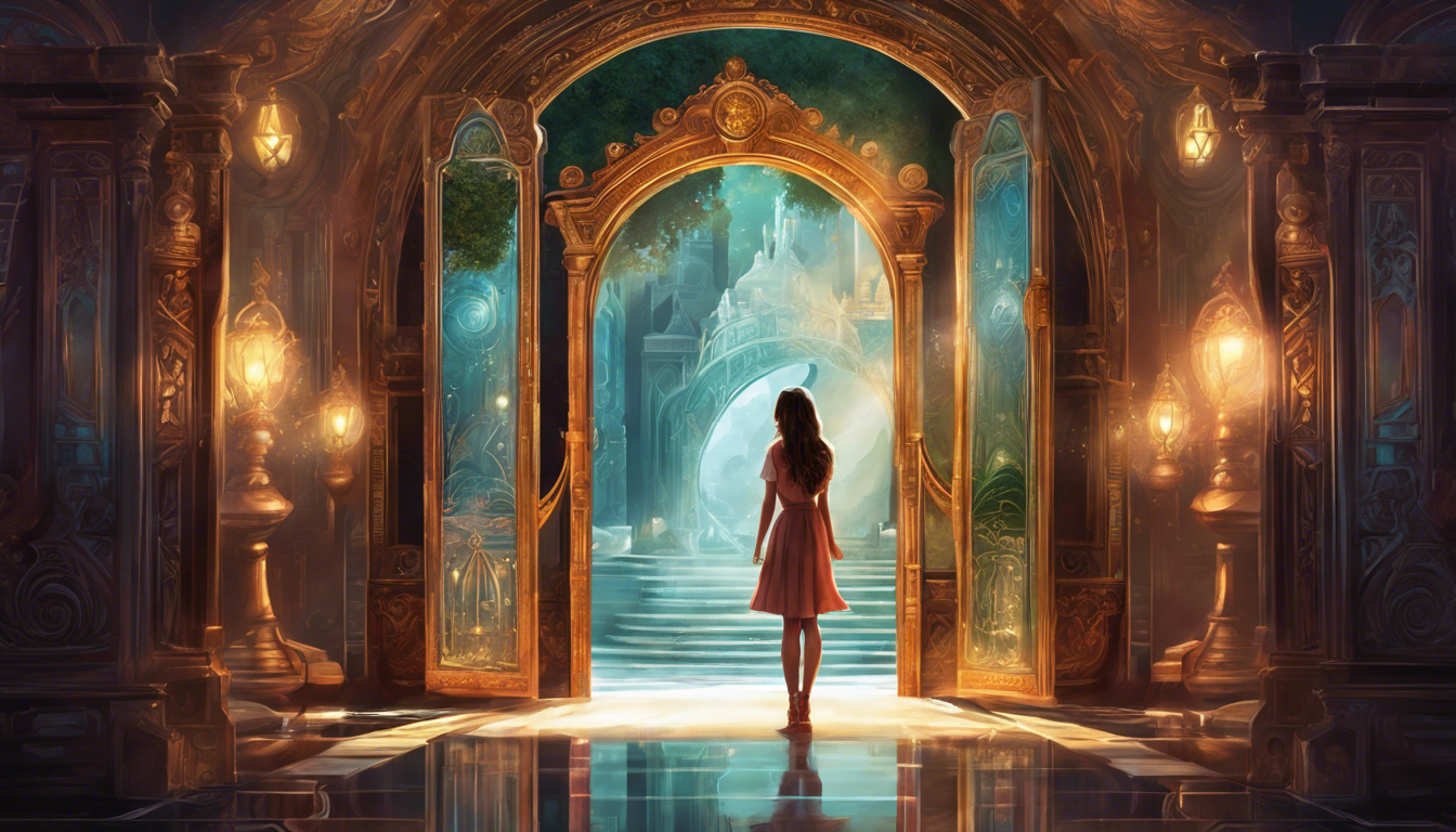 A young girl stands in front of a magical mirror with doorways to different realms.