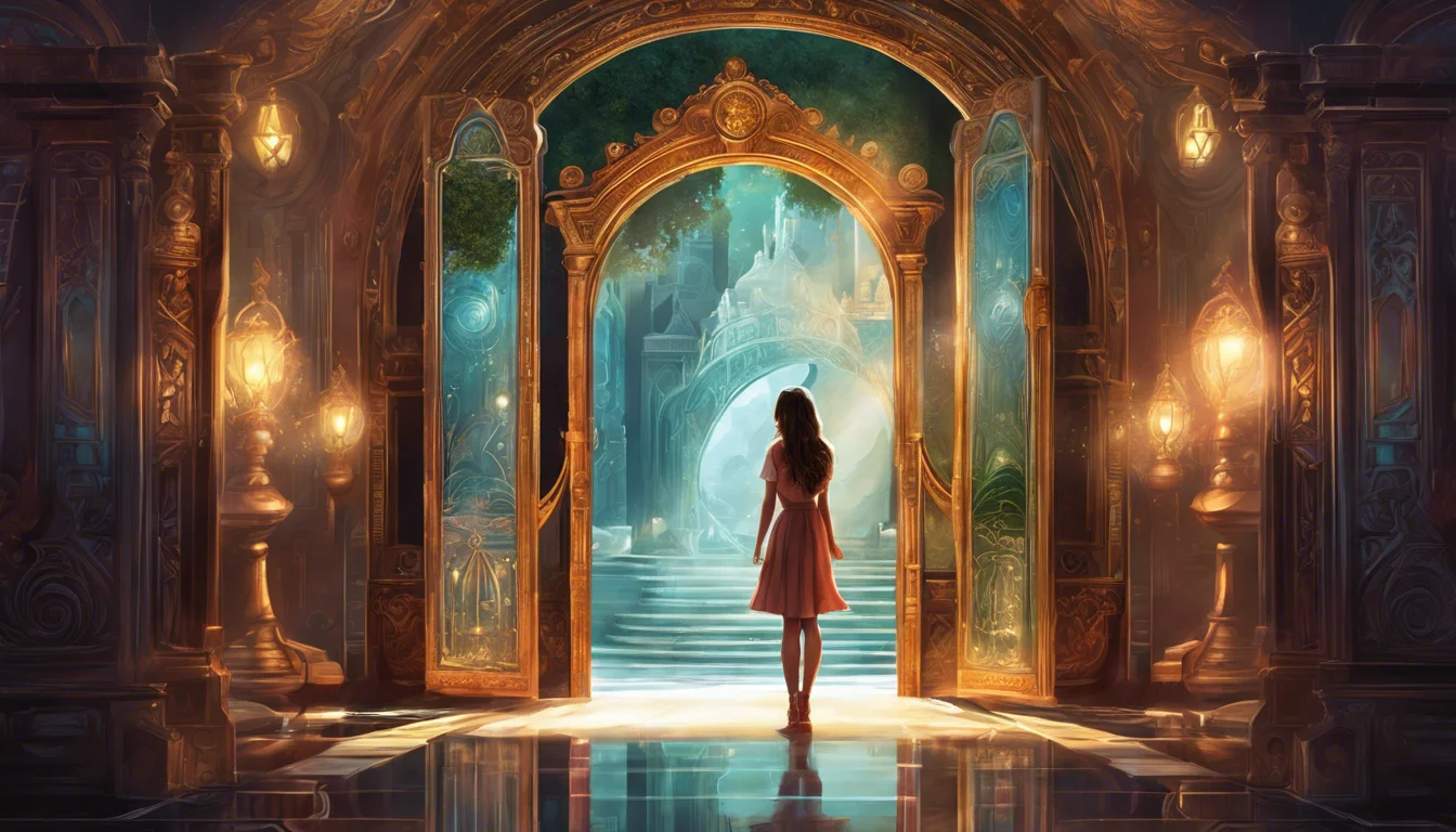 A girl in a dress stands before a grand, ornate doorway, gazing into a luminous, magical landscape illuminated by soft light and reflective surfaces.