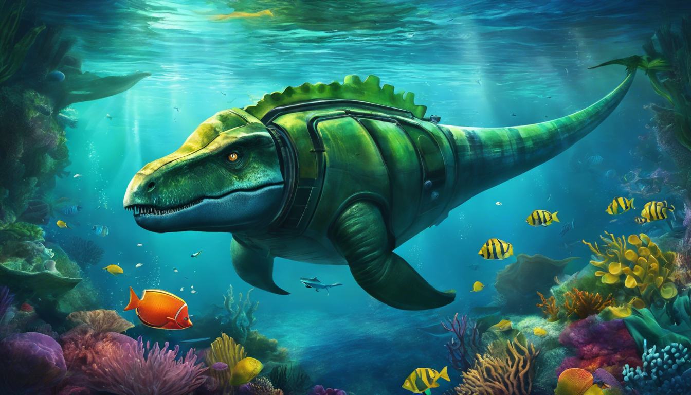A dinosaur named Dexter in a submarine underwater.