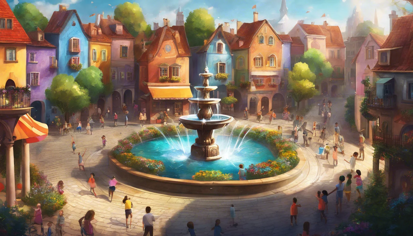 Colorful village square with a fountain, surrounded by charming houses and lively people enjoying the sunny day.