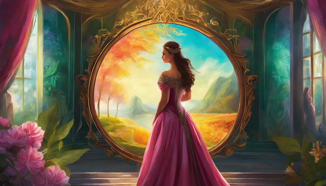 "Silhouette of a woman in a pink gown standing before a large ornate mirror, reflecting a vibrant autumn landscape."