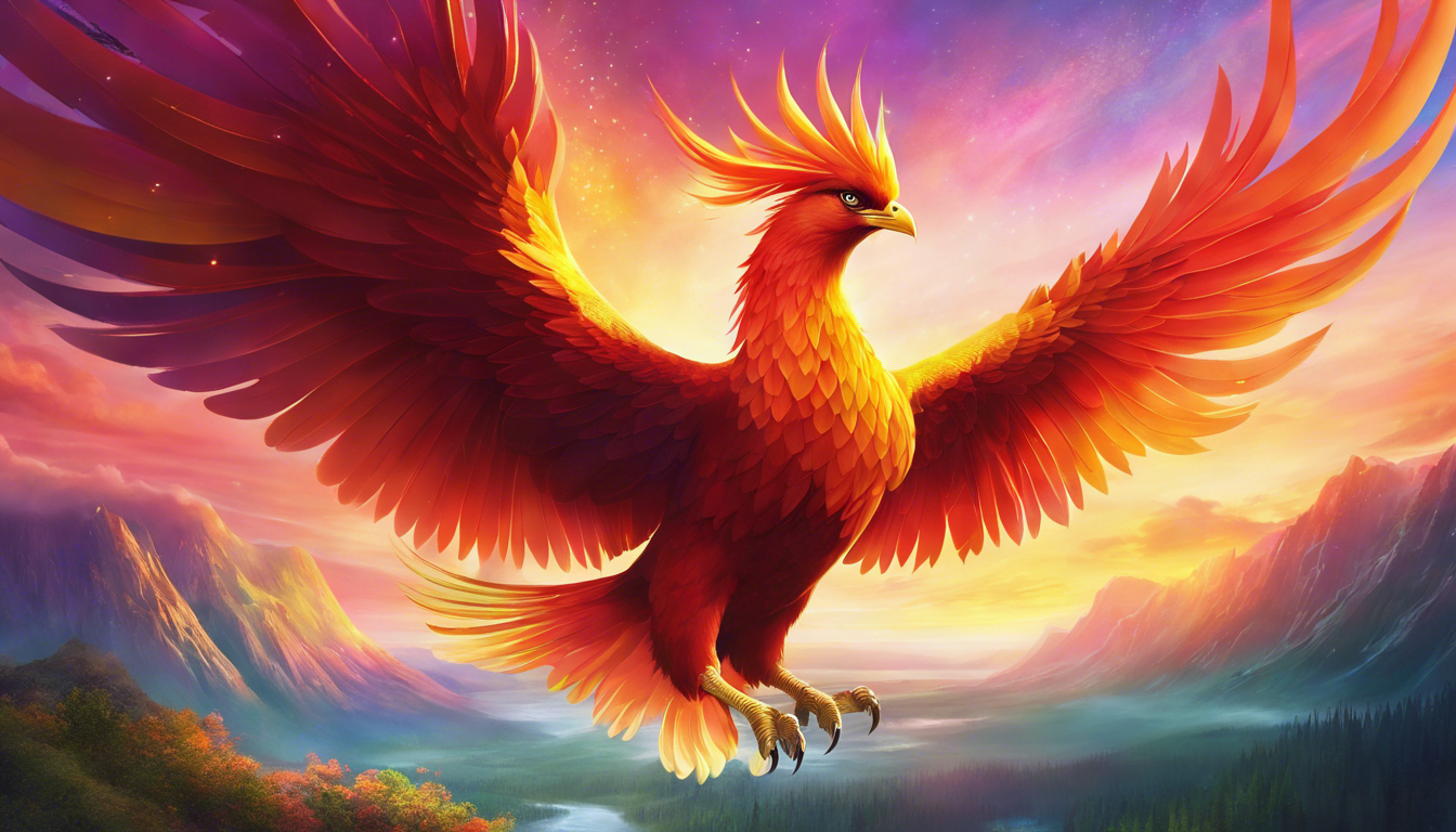 A majestic phoenix flying over a colorful and enchanting land.