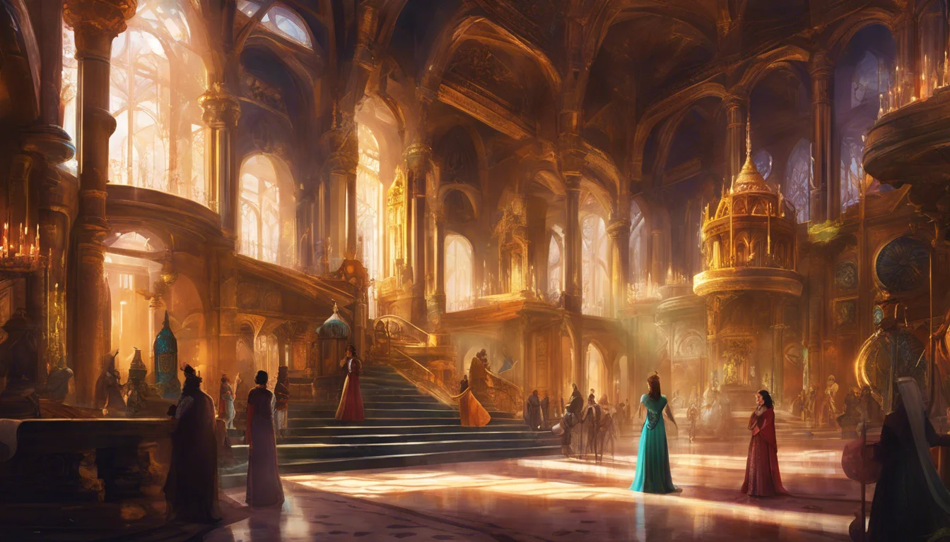 A grand, opulent hall with towering arches, ornate decorations, and soft golden light filtering through large windows, filled with elegantly dressed figures mingling in the foreground.