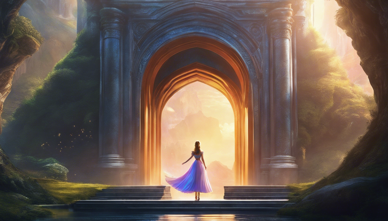 A princess stands between two worlds in a magical portal.