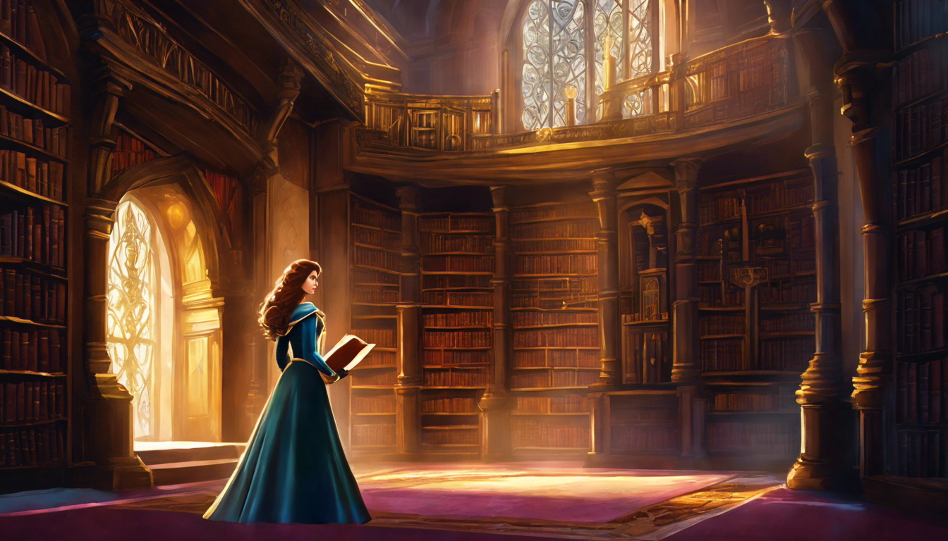 Princess Elara in the castle library with a hidden chamber.