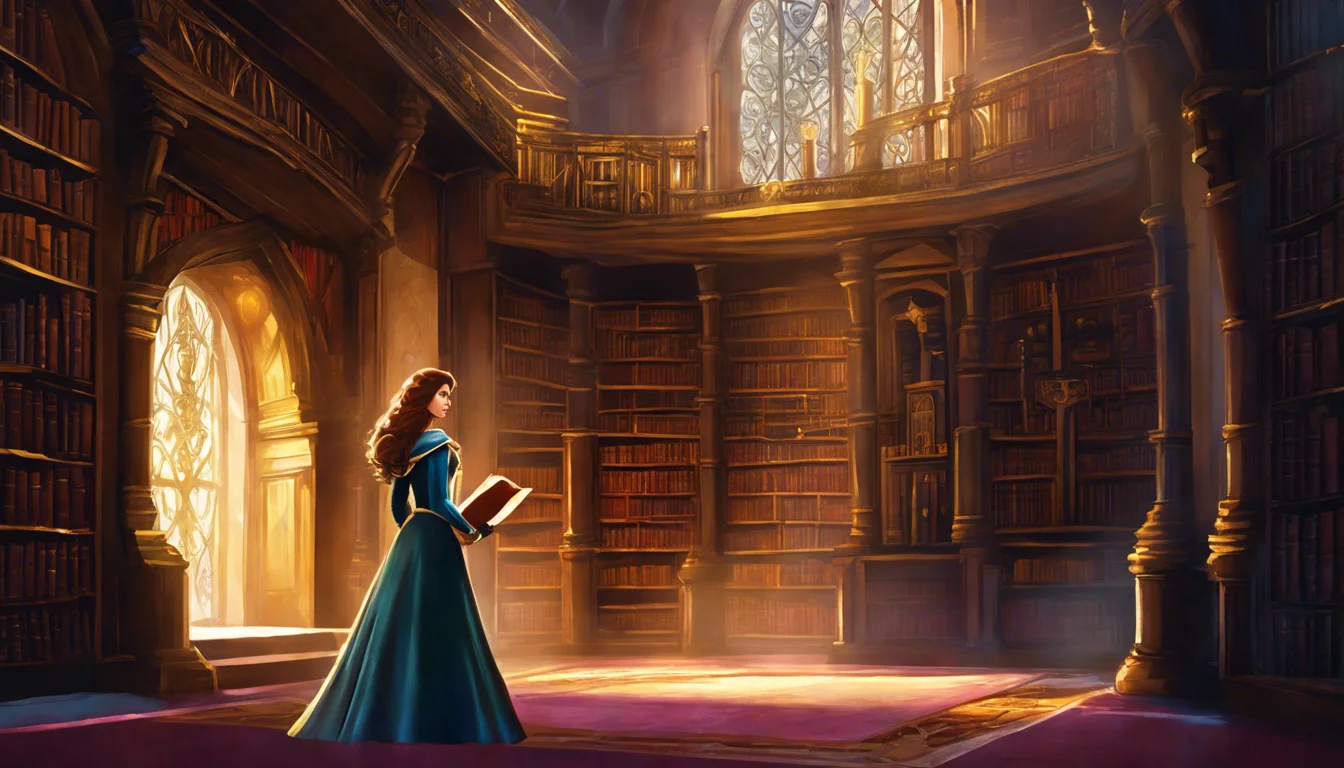 A woman in a flowing blue dress stands in a sunlit library surrounded by tall bookshelves, holding an open book.