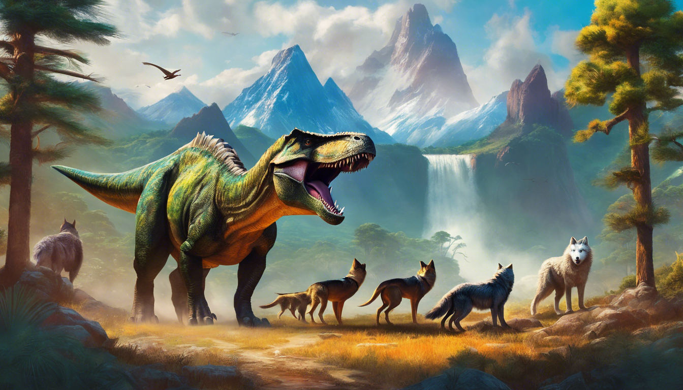 A dinosaur and friendly animals in a prehistoric landscape.