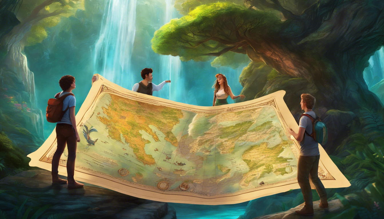 Three friends holding a magical map with a sense of wonder.