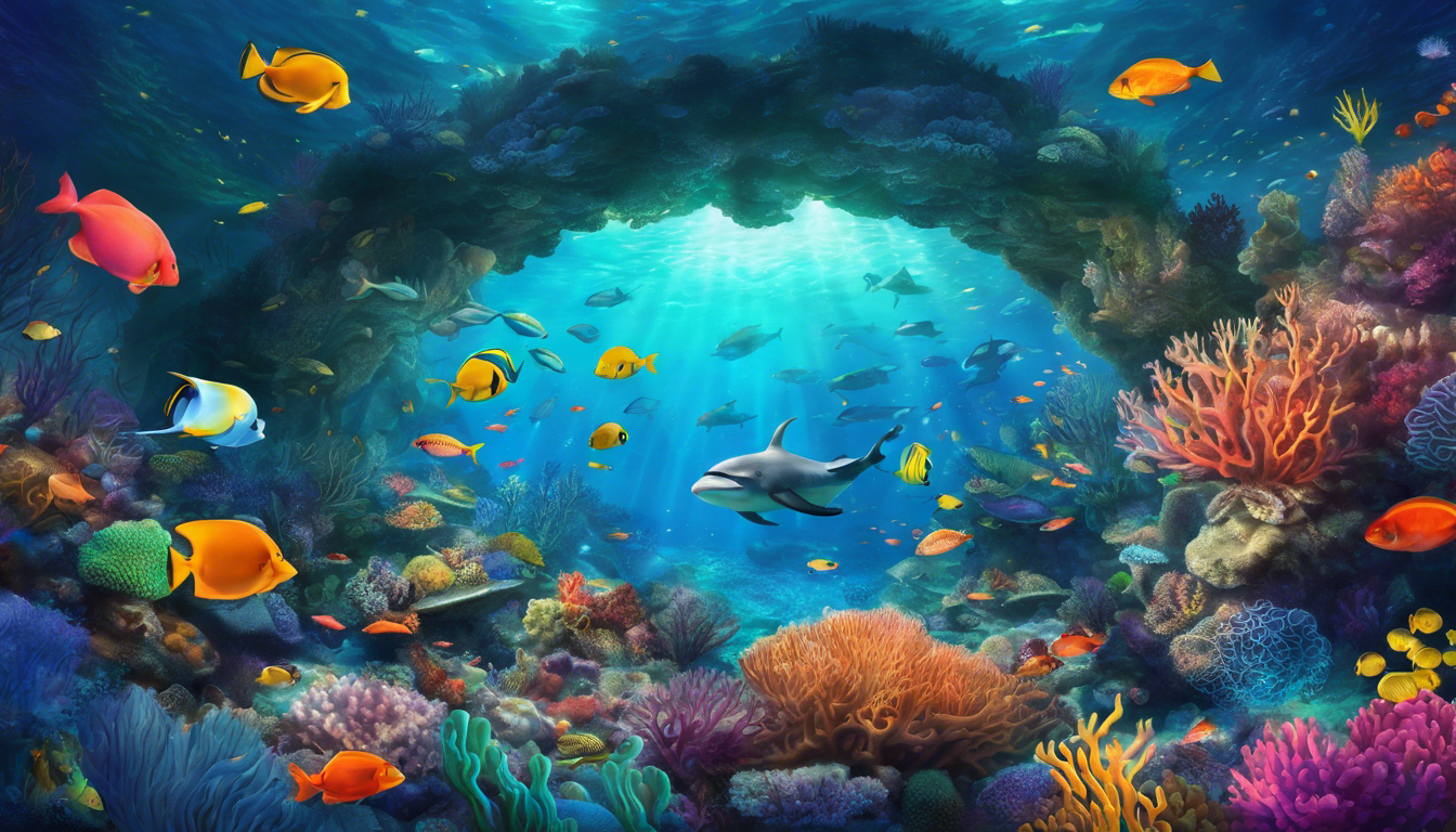 A vibrant coral reef teeming with marine life and a mystical Heart at the center.