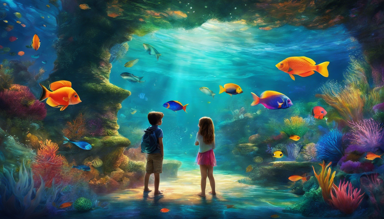 Two children, a boy and a girl, appear to be standing under water. Fish are swimming past.