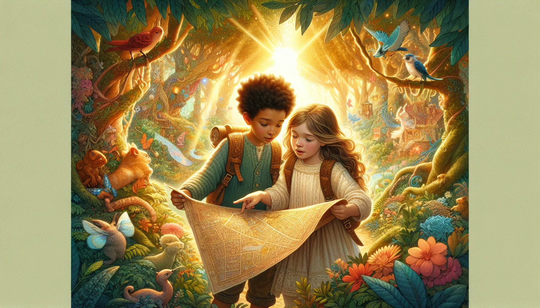 Two children, a boy and a girl, are exploring a vibrant, enchanted forest, closely examining an ancient map under a warm, golden light that filters through the trees.