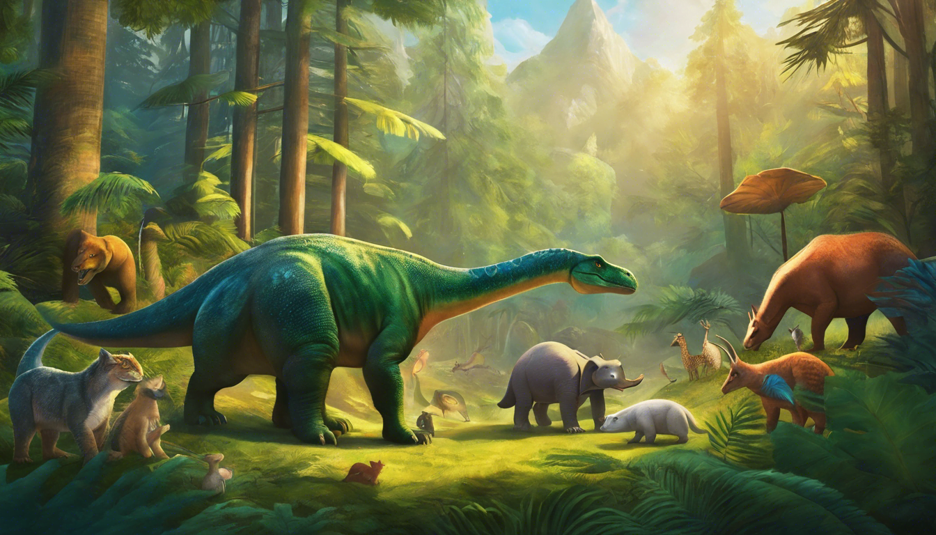 A friendly dinosaur surrounded by a diverse forest community.