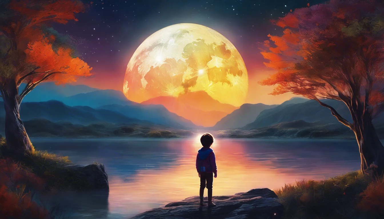 A silhouette of a child stands on a rock by a tranquil lake, gazing at a large, vibrant moon rising over distant mountains, surrounded by colorful autumn trees.