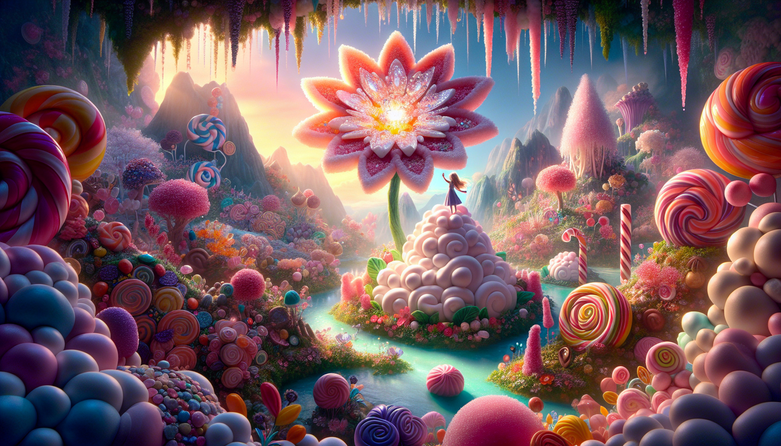 At the center of a magical landscape stands a young girl atop a mountain made entirely of fluffy marshmallows.