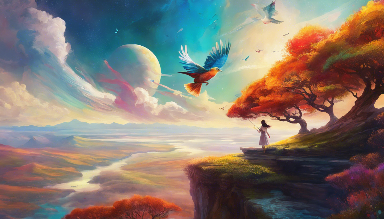 A young girl with a bird companion flies through a fantastical sky.