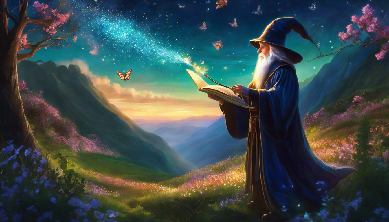 A wizard releases a magical quill into the night sky, creating a vibrant spring scene with butterflies, mountains, a forest, and a festival.