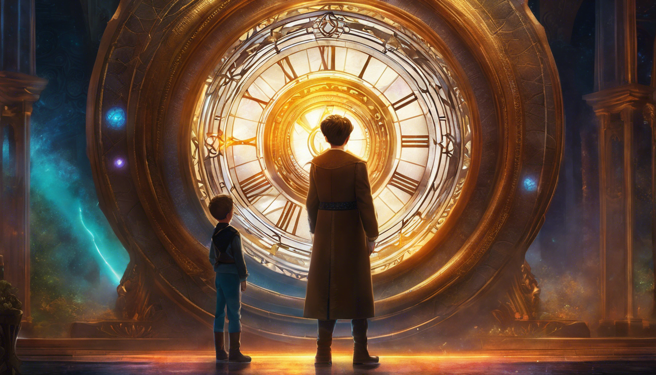 A young boy and his great-great-grandfather stand by a glowing time portal.