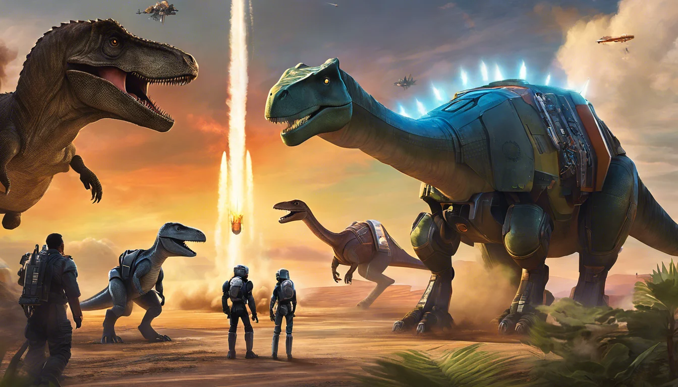 "Futuristic scene with towering robotic dinosaurs and humans in a dramatic landscape, with missiles launching in the background."