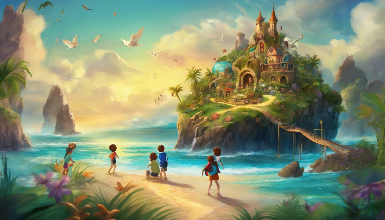 A group of kids exploring a whimsical island with time-themed elements.