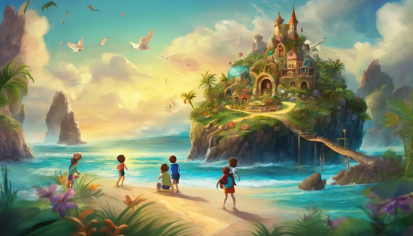 A colorful seaside landscape featuring a whimsical castle on a hill, with five children playing on the sandy shore under a vibrant sky filled with seagulls.
