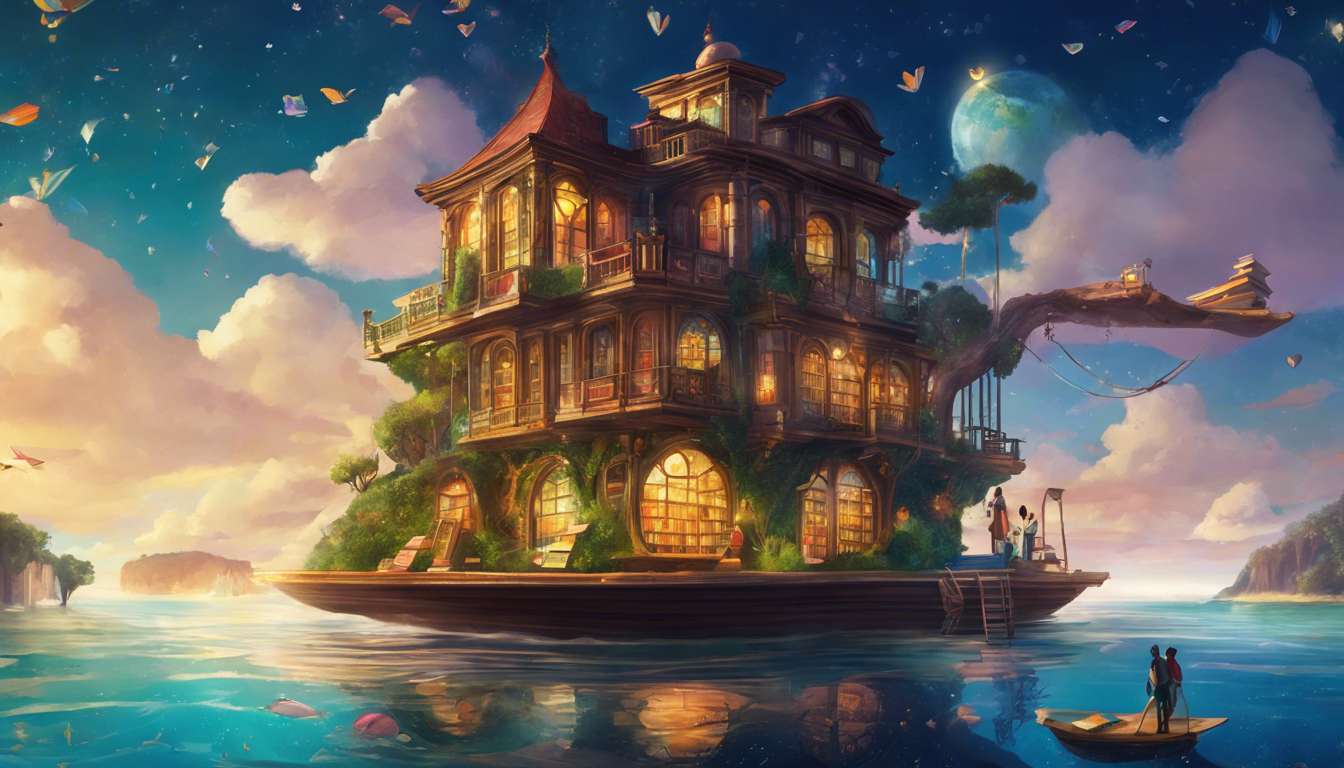 An illustration of a floating library with a librarian collecting stories in different dimensions.