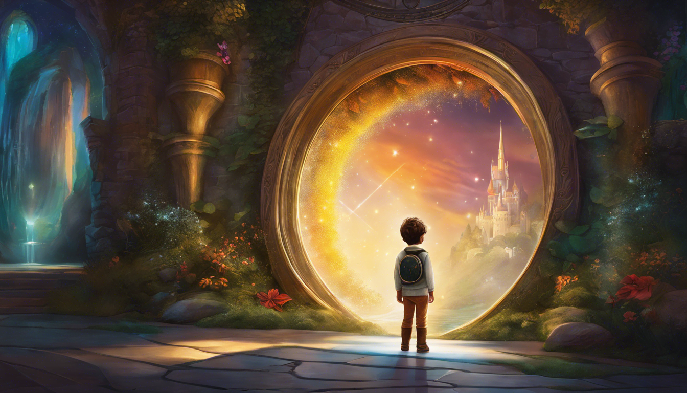 Young boy and his reflection stand in front of a magical portal.