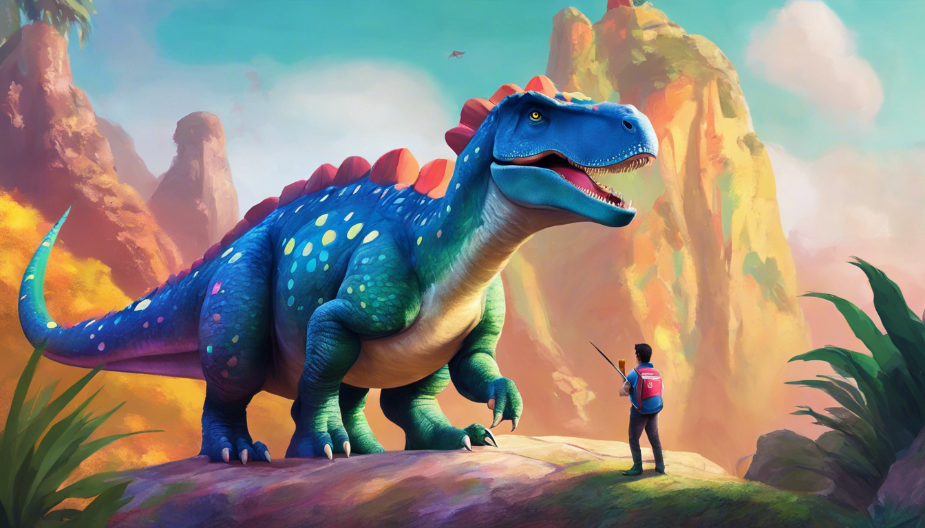 A dinosaur named Doodle holding a paintbrush next to a painted rock.