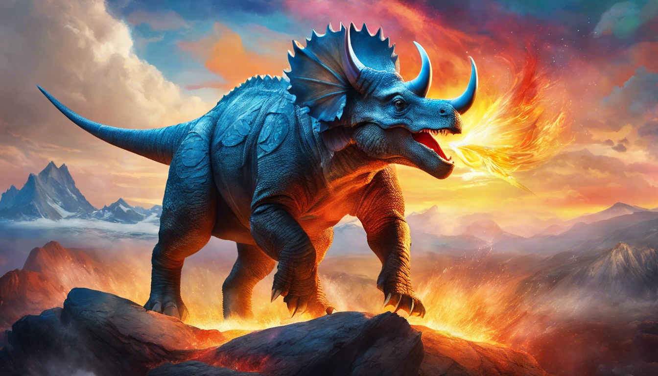 A triceratops with a magical sword in a sky kingdom surrounded by the four elements.