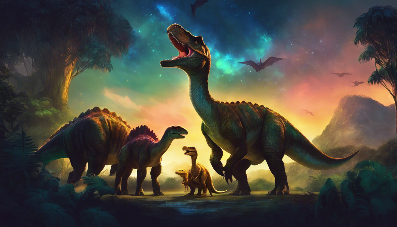 Four friendly dinosaurs illuminated by a magical glow.