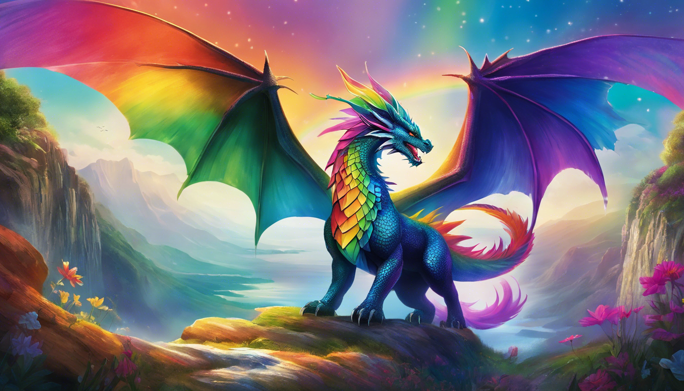 A majestic rainbow dragon named Dazzle in a colorful landscape.